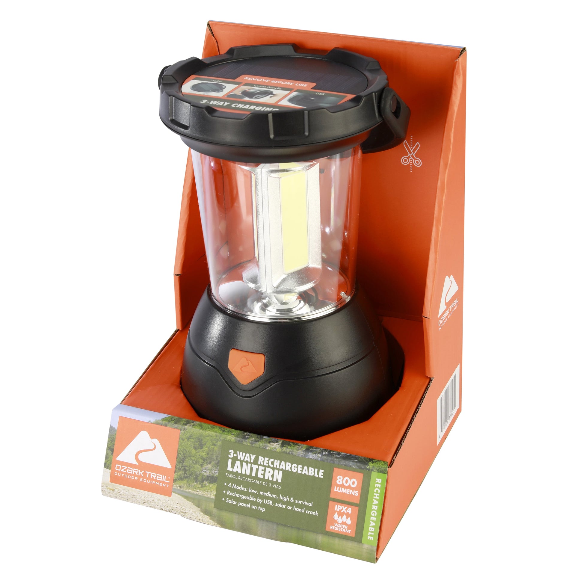 Triplex LED Survival Lantern, 800 Lumens, Rechargeable, Solar, and Crank, Model 31625