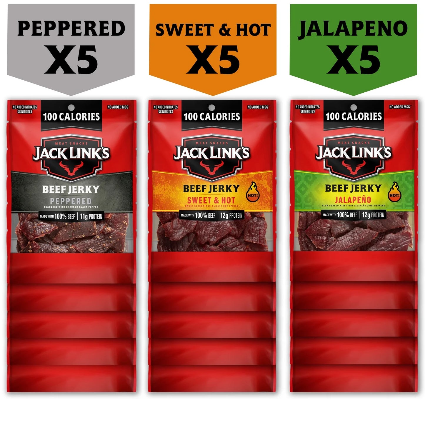 15 Pack -  Bulk Beef Jerky Jalapeño, Peppered, Sweet & Hot Flavored Variety Pack, (15 - 1.25 Oz. Bags), Snack Sized Packs