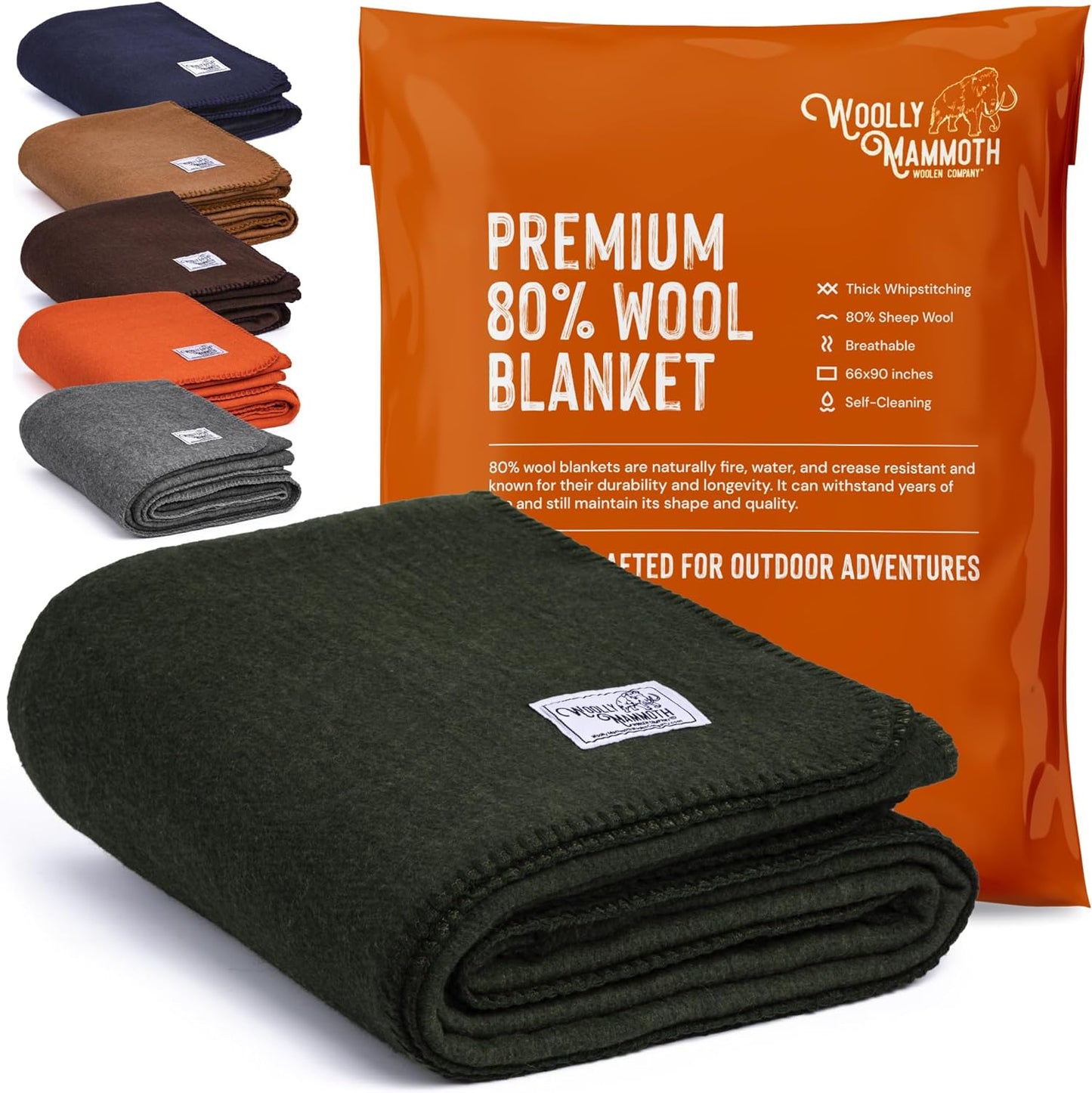 Woolly Mammoth Merino Wool Blanket - Large 66" X 90", 4LBS Camp Blanket | Throw for the Cabin, Cold Weather, Emergency, Dog Camping Gear, Hiking, Survival, Army, Outside, Outdoors – Hunter Green