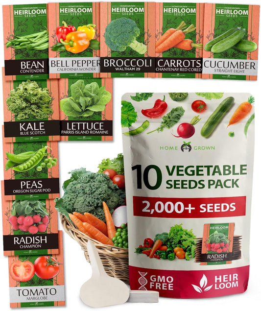 2,000+ Vegetable Seeds for Planting - 10 Heirloom Seeds for Planting Vegetables Indoors or Outdoors: Non-Gmo Kale, Lettuce, Tomato, Broccoli, Beans, Peas, Bell Peppers - Home Garden Survival Seeds