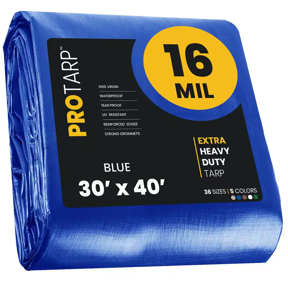 30 Ft. X 40 Ft. Blue 16 Mil Heavy Duty Polyethylene Tarp, Waterproof, UV Resistant, Rip and Tear Proof