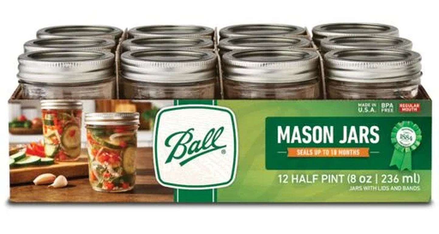 Glass Mason Jar W/ Lid & Band, Regular Mouth, 8 Ounces, 12 Count