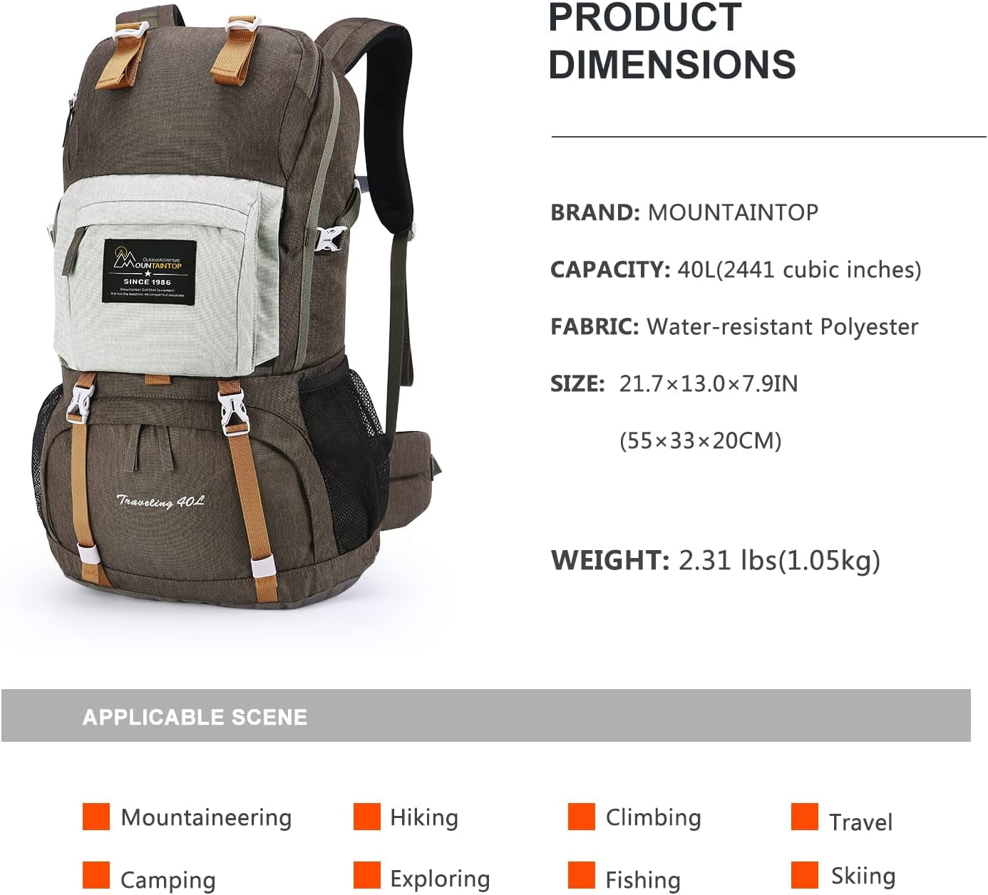 40L Hiking Backpack for Women & Men Outdoor Travel Camping Day Pack with Rain Cover, 21.7 X 13 X 7.9 In, Brown