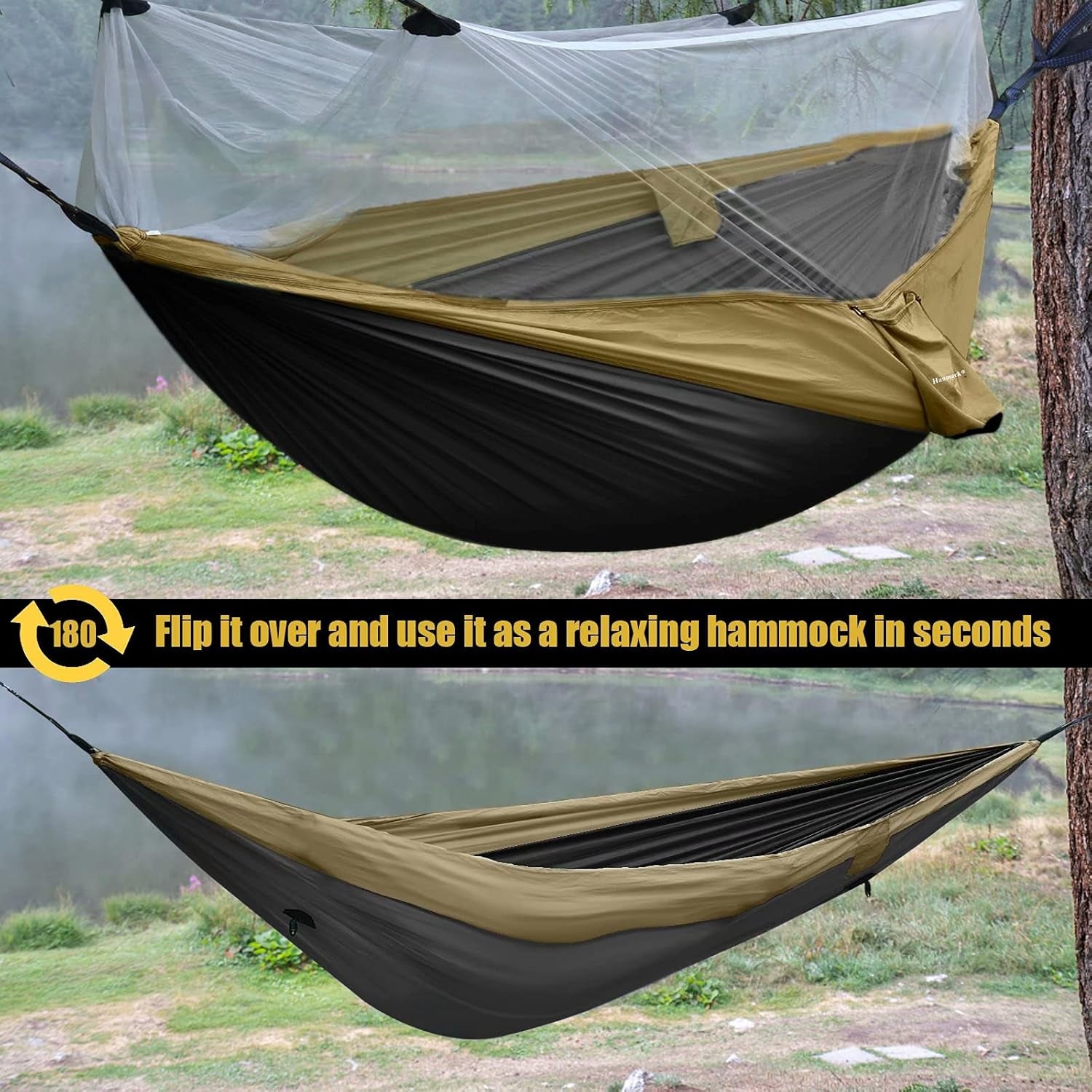 Double Camping Hammock with Net, Lightweight Hammock with Tree Straps, Portable 2 Person Hammock with 210T Nylon Parachute Hammocks for Backpacking | Backyard | Beach | Hiking | Travel