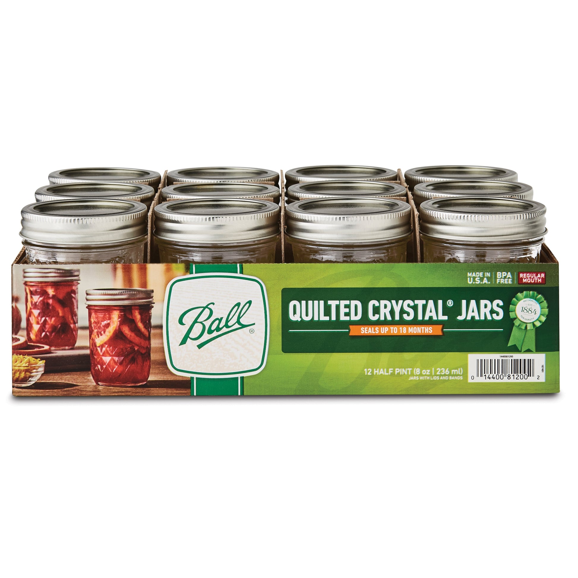 Quilted Crystal Mason Jar W/ Lid & Band, Regular Mouth, 8 Ounces, 12 Count, 4 Lb.