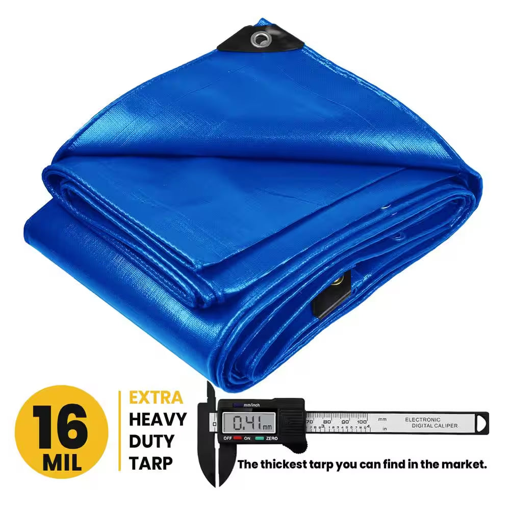 10 Ft. X 10 Ft. Blue 16 Mil Heavy Duty Polyethylene Tarp, Waterproof, UV Resistant, Rip and Tear Proof