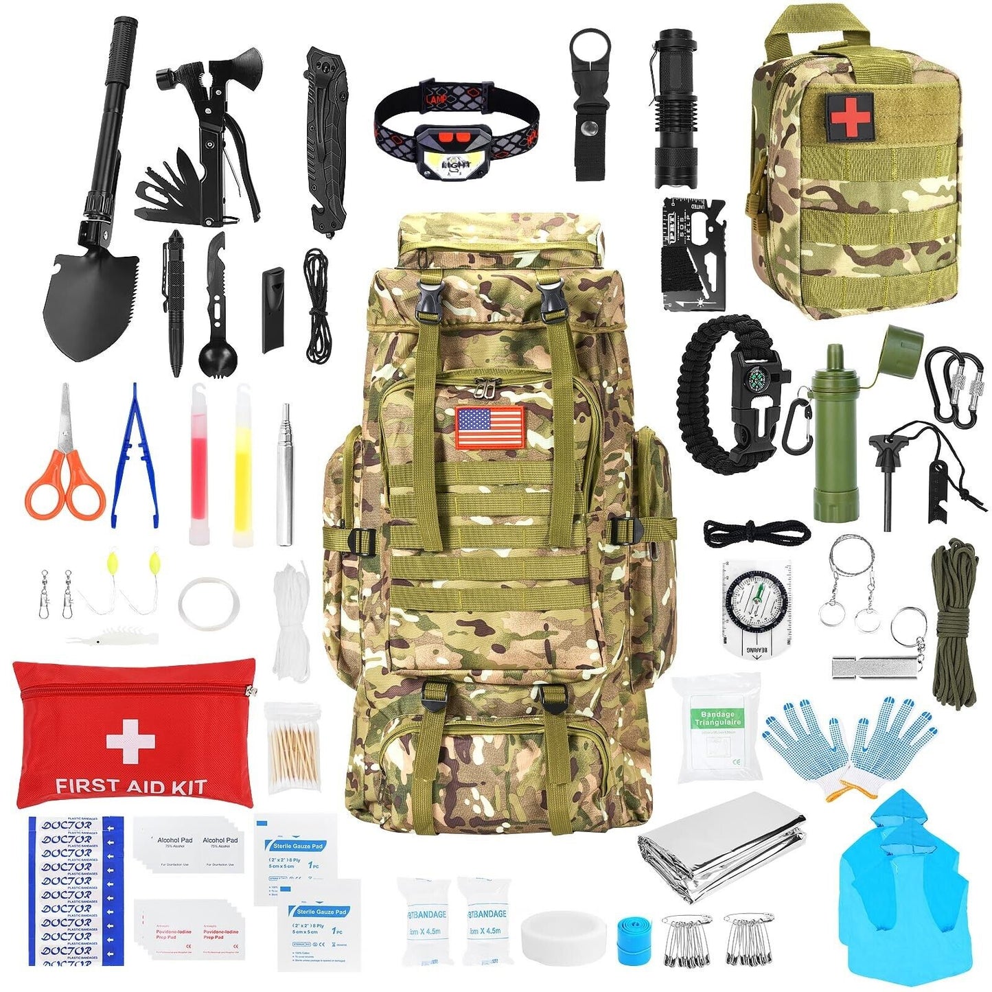 Survival Gear Professional Kit and Large Camping Backpack,First Aid Kit for A...