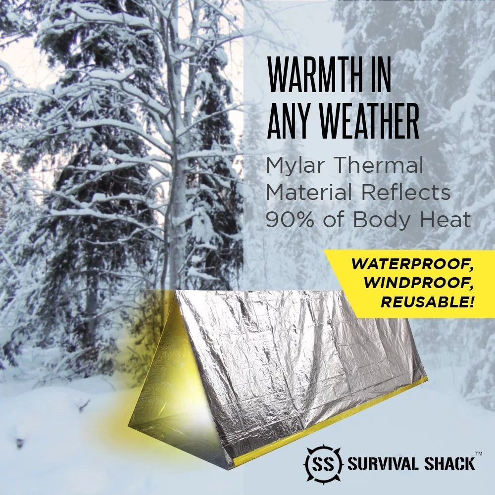 Survival Shack Emergency Survival Shelter Tent | 2 Person Mylar Thermal Shelter | 8' X 5' All Weather Tube Tent | Reflective Material Conserves Heat | Lightweight | Waterproof | Best Survival Gear