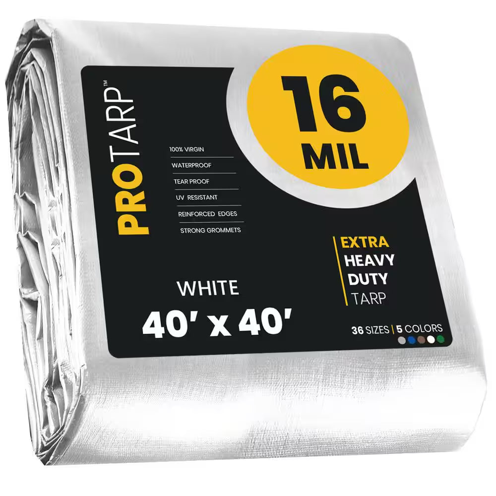 40 Ft. X 40 Ft. White 16 Mil Heavy Duty Polyethylene Tarp, Waterproof, UV Resistant, Rip and Tear Proof