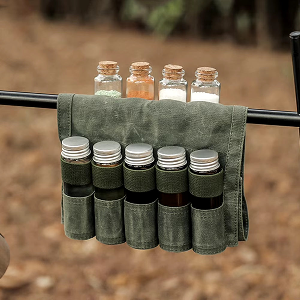 Outdoor Spice Bottle Set Canvas Portable Folding Waterproof Large Capacity Camping Hiking Bushcraft Picnic Bbq Seasoning Bag