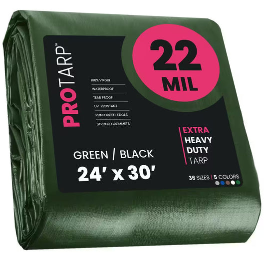 24 Ft. X 30 Ft. Green/Black 22 Mil Heavy Duty Polyethylene Tarp, Waterproof, UV Resistant, Rip and Tear Proof