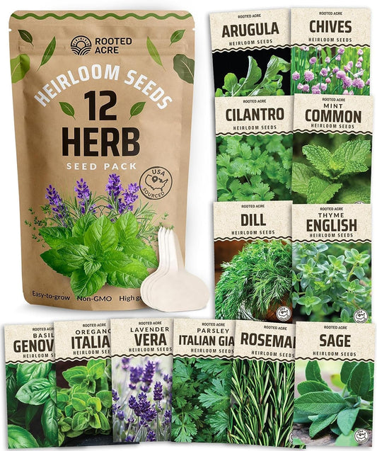 12 Herb Culinary Herb Seed Vault - 3100+ Heirloom and Non GMO Herb Garden Seeds with High Germination - Seeds for Planting Indoor or Outdoor Herbs Garden - Arugula, Basil, Oregano, Sage, Thyme, & More