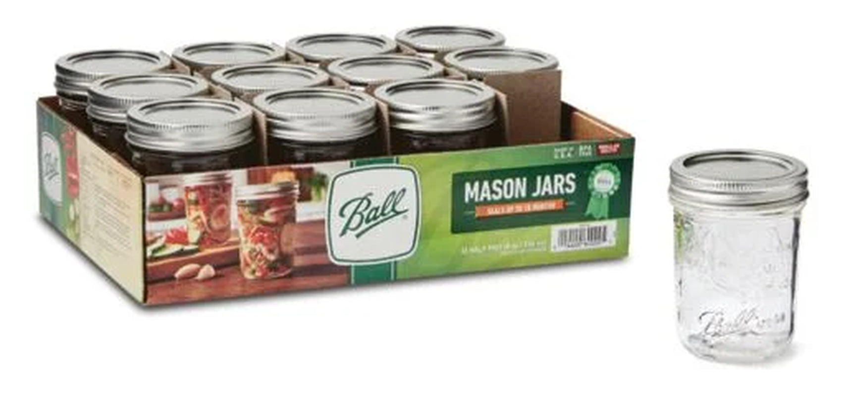 Glass Mason Jar W/ Lid & Band, Regular Mouth, 8 Ounces, 12 Count