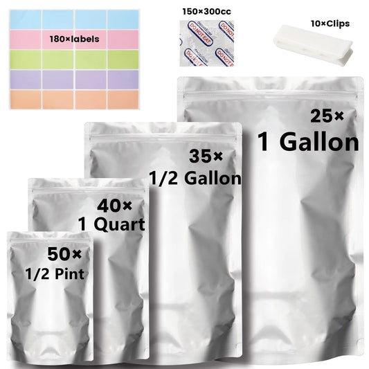 150 Pack Mylar Bags for Food Storage with Oxygen Absorbers, Large Mylar Bags 1 Gallon 10X14, 7X11, 6X9, 4X6 (Silver)