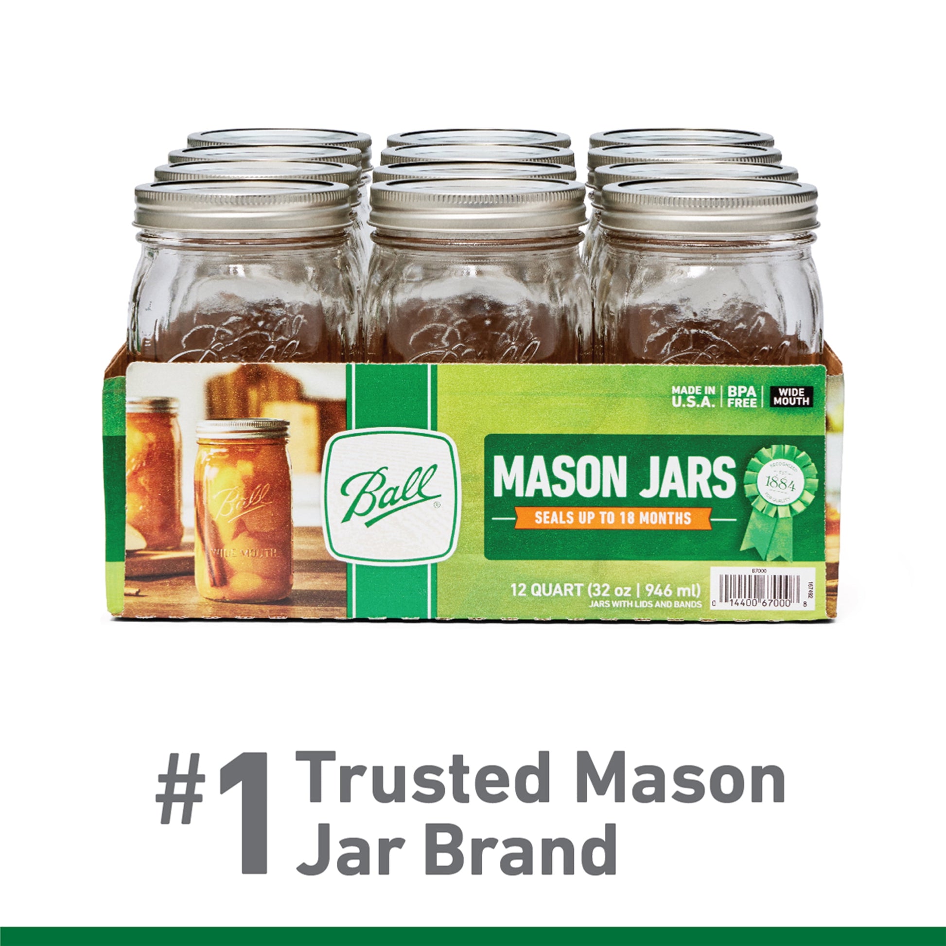 ®Wide Mouth Quart 32Oz. Glass Mason Jars with Lids and Bands, 12 Count