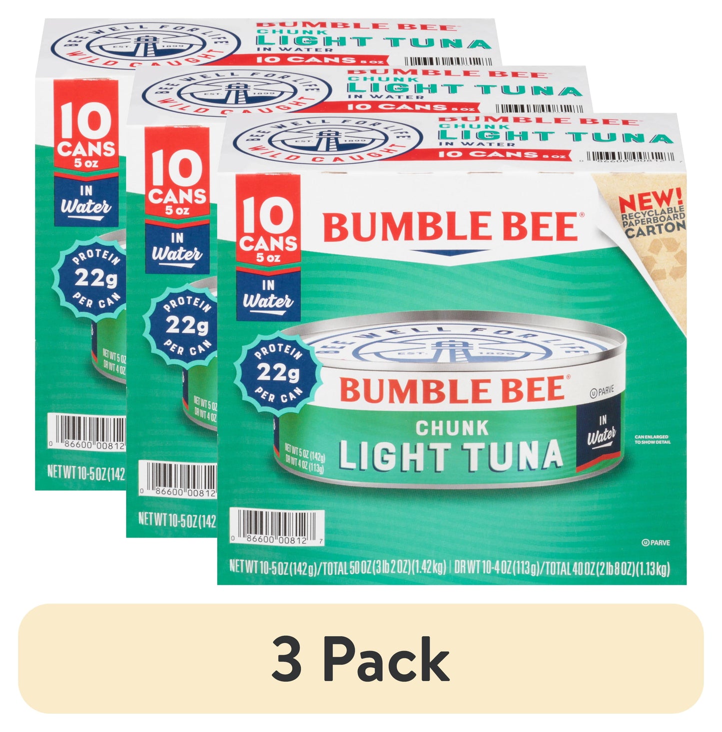 (3 Pack)  Chunk Light Canned Tuna in Water, 5 Oz, 10 Count