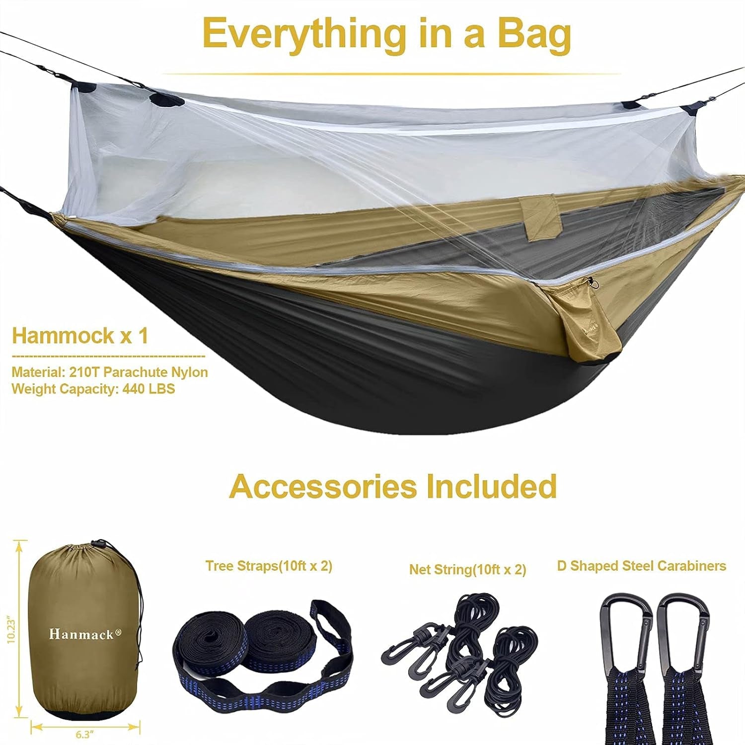 Double Camping Hammock with Net, Lightweight Hammock with Tree Straps, Portable 2 Person Hammock with 210T Nylon Parachute Hammocks for Backpacking | Backyard | Beach | Hiking | Travel