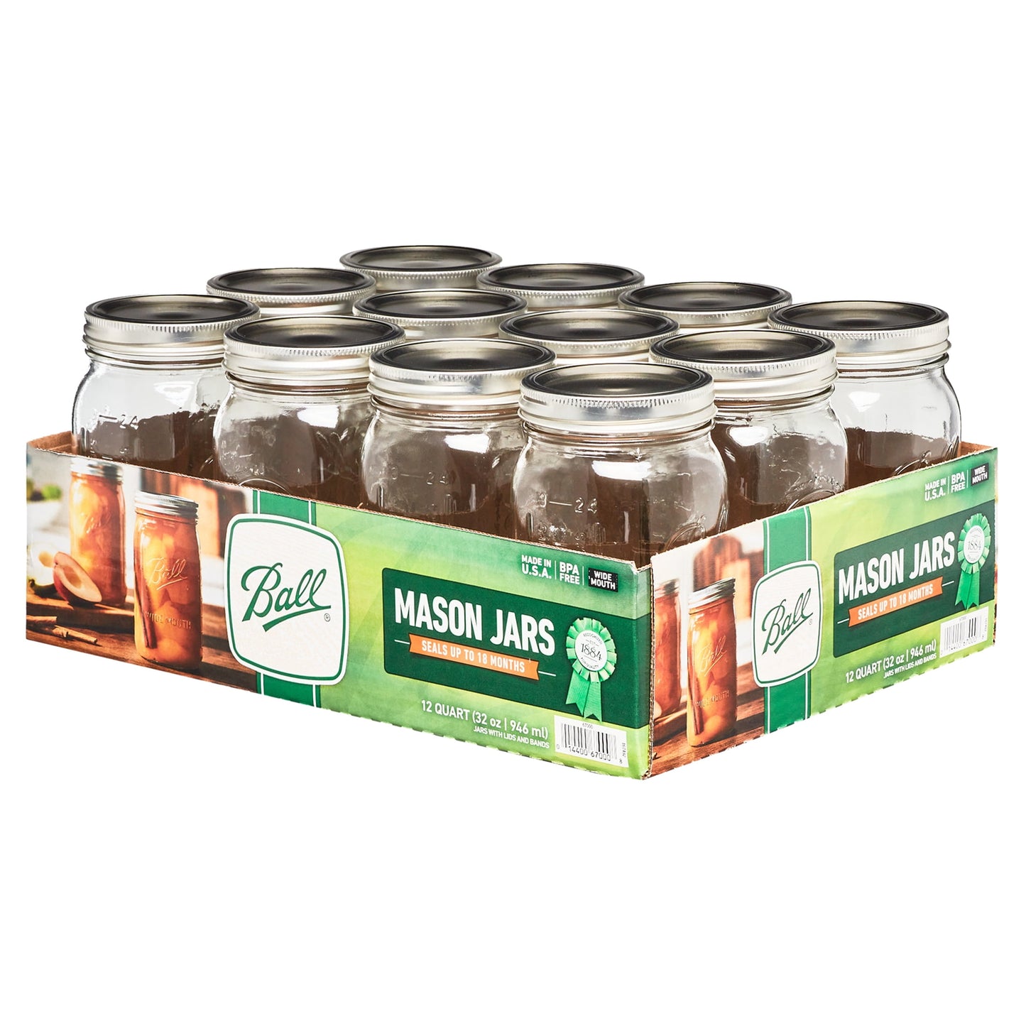 ®Wide Mouth Quart 32Oz. Glass Mason Jars with Lids and Bands, 12 Count