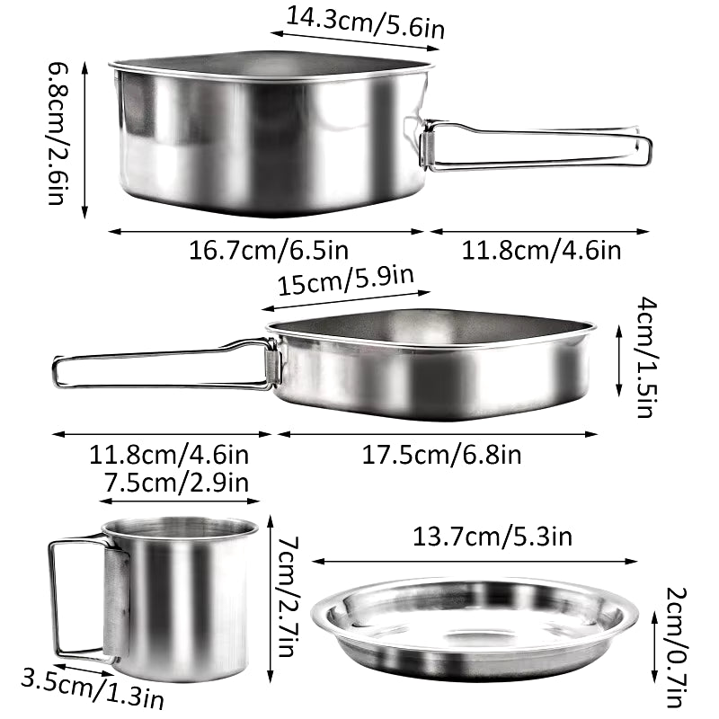 Backpacking Camping Cookware Mini Picnic Cooking Mess Kit Stainless Steel Pots Pan Plates Set for Hiking Bushcraft and Picnic