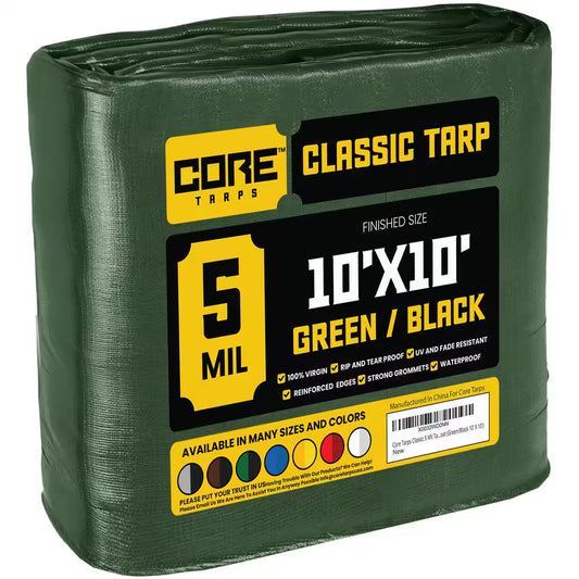 10 Ft. X 10 Ft. Green/Black 5 Mil Heavy Duty Polyethylene Tarp, Waterproof, UV Resistant, Rip and Tear Proof