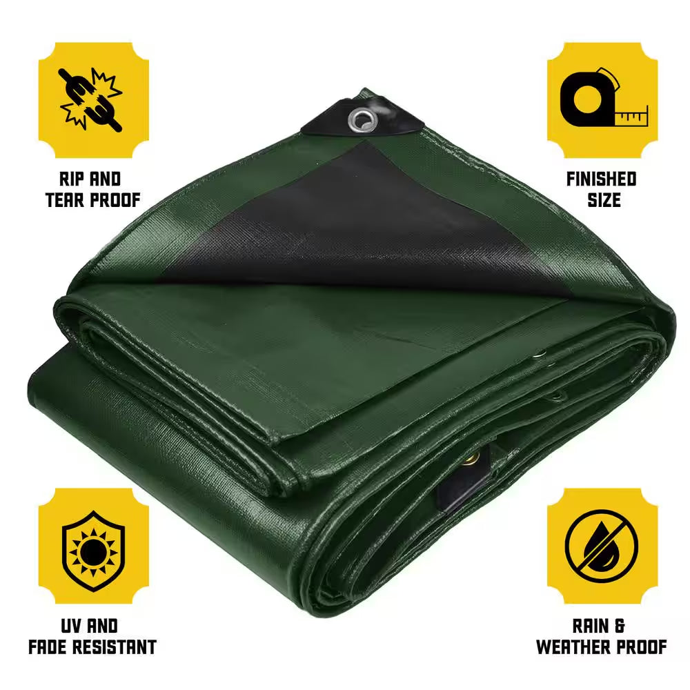 10 Ft. X 10 Ft. Green/Black 5 Mil Heavy Duty Polyethylene Tarp, Waterproof, UV Resistant, Rip and Tear Proof