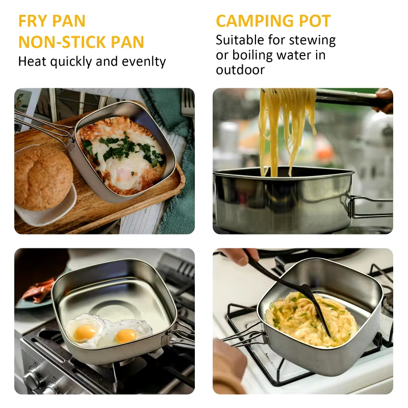 Backpacking Camping Cookware Mini Picnic Cooking Mess Kit Stainless Steel Pots Pan Plates Set for Hiking Bushcraft and Picnic