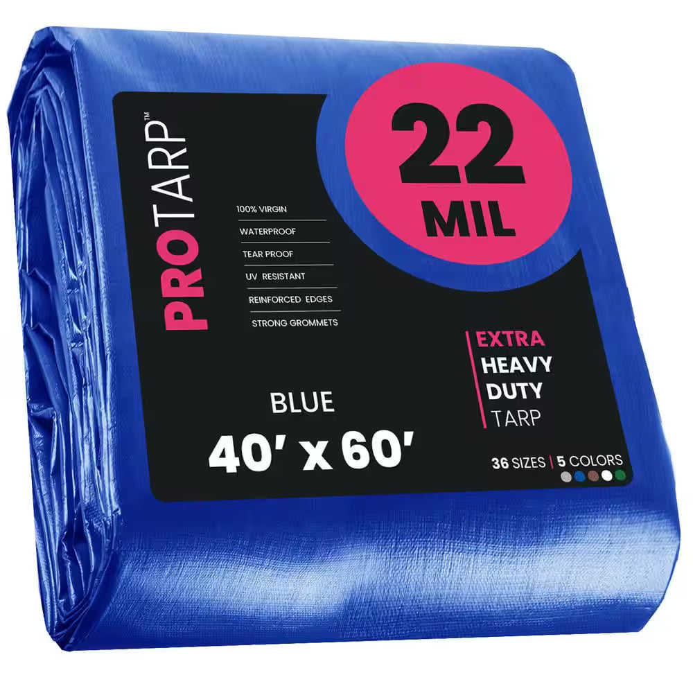 40 Ft. X 60 Ft. Blue 22 Mil Heavy Duty Polyethylene Tarp, Waterproof, UV Resistant, Rip and Tear Proof